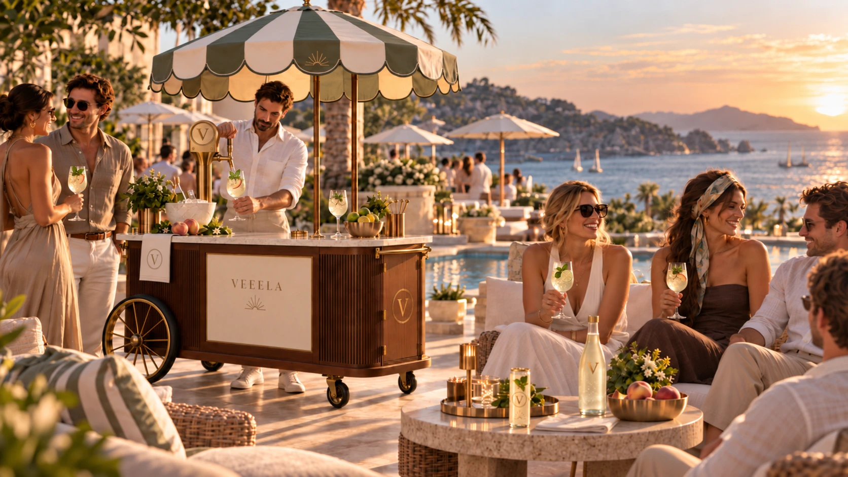 Guests on a sunset terrace while a bartender pours VEEELA from the cart
