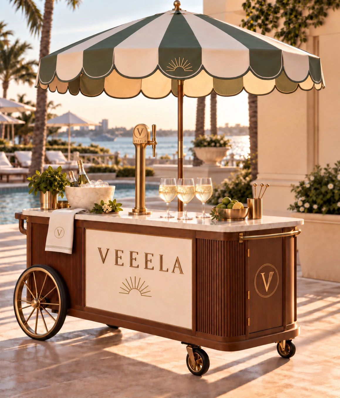 The VEEELA Cart beneath its striped umbrella beside a resort pool