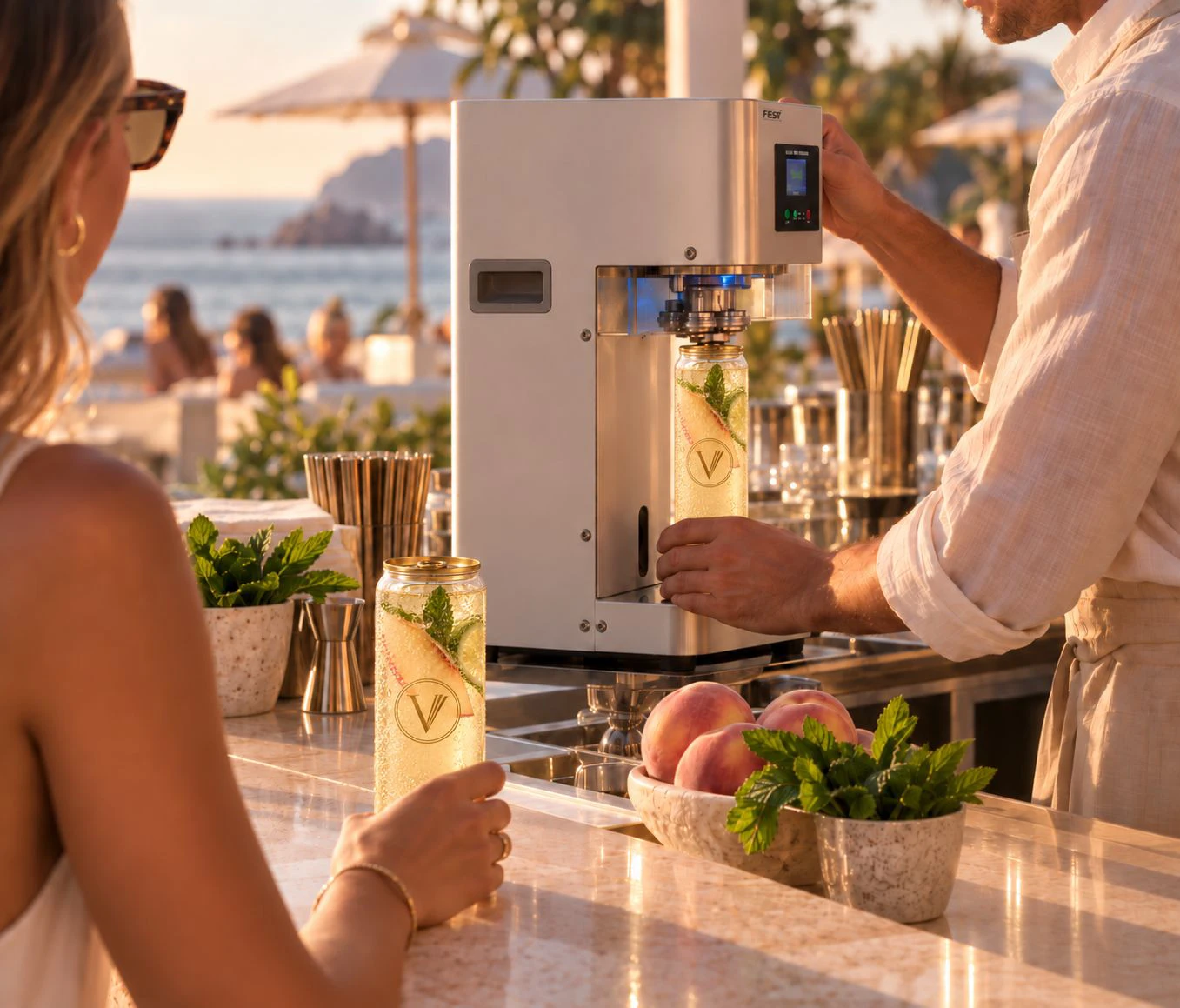A bartender seals a garnished VEEELA spritz into a clear can for a guest