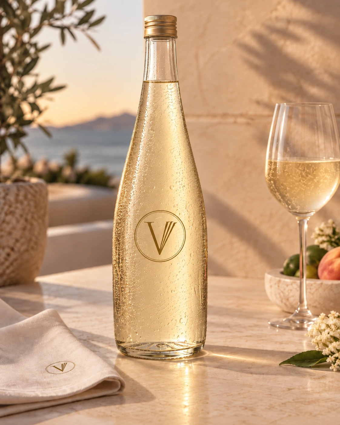The VEEELA hospitality bottle on a stone terrace table with a poured glass