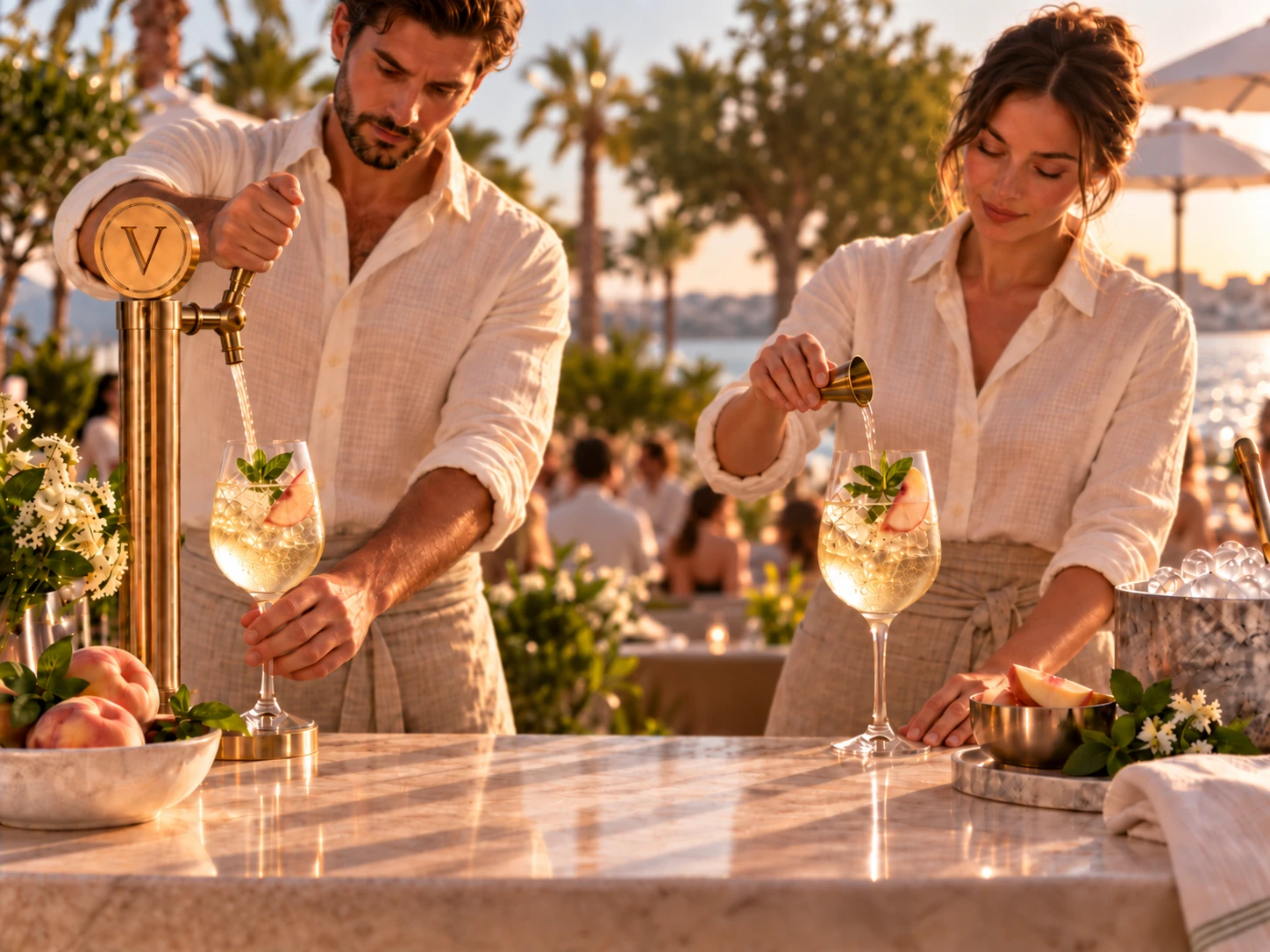 Two bartenders finishing VEEELA spritzes poured from a brass draft tap at sunset